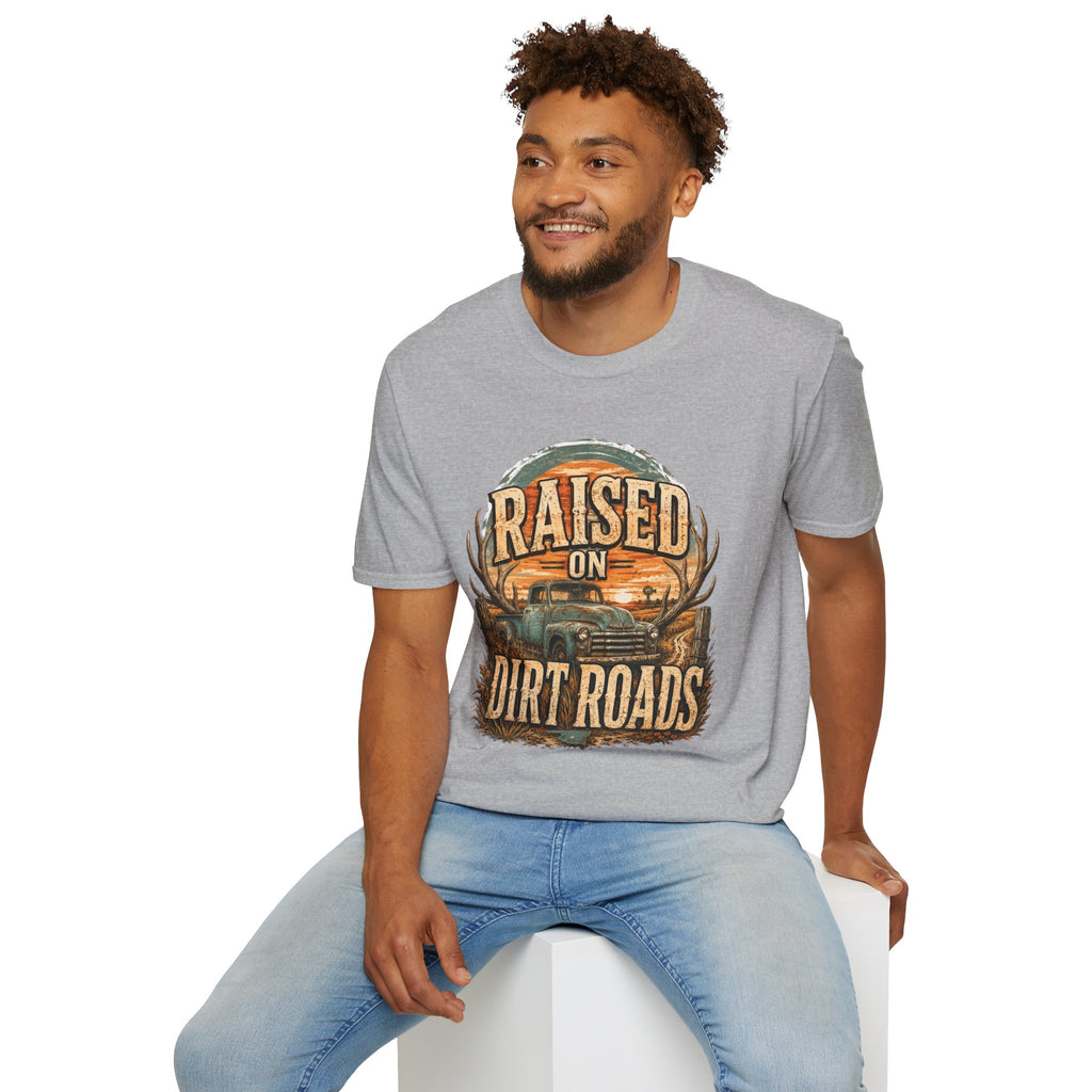 Raised on Dirt Roads T-Shirt | Truck, Antlers, Sunset Rustic Design