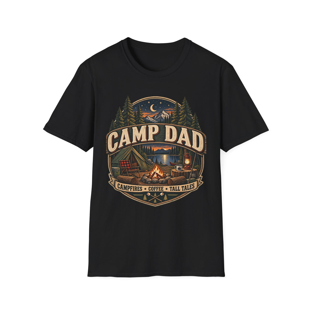 Camp Dad T-Shirt | Camping Cabin Moon Forest Design