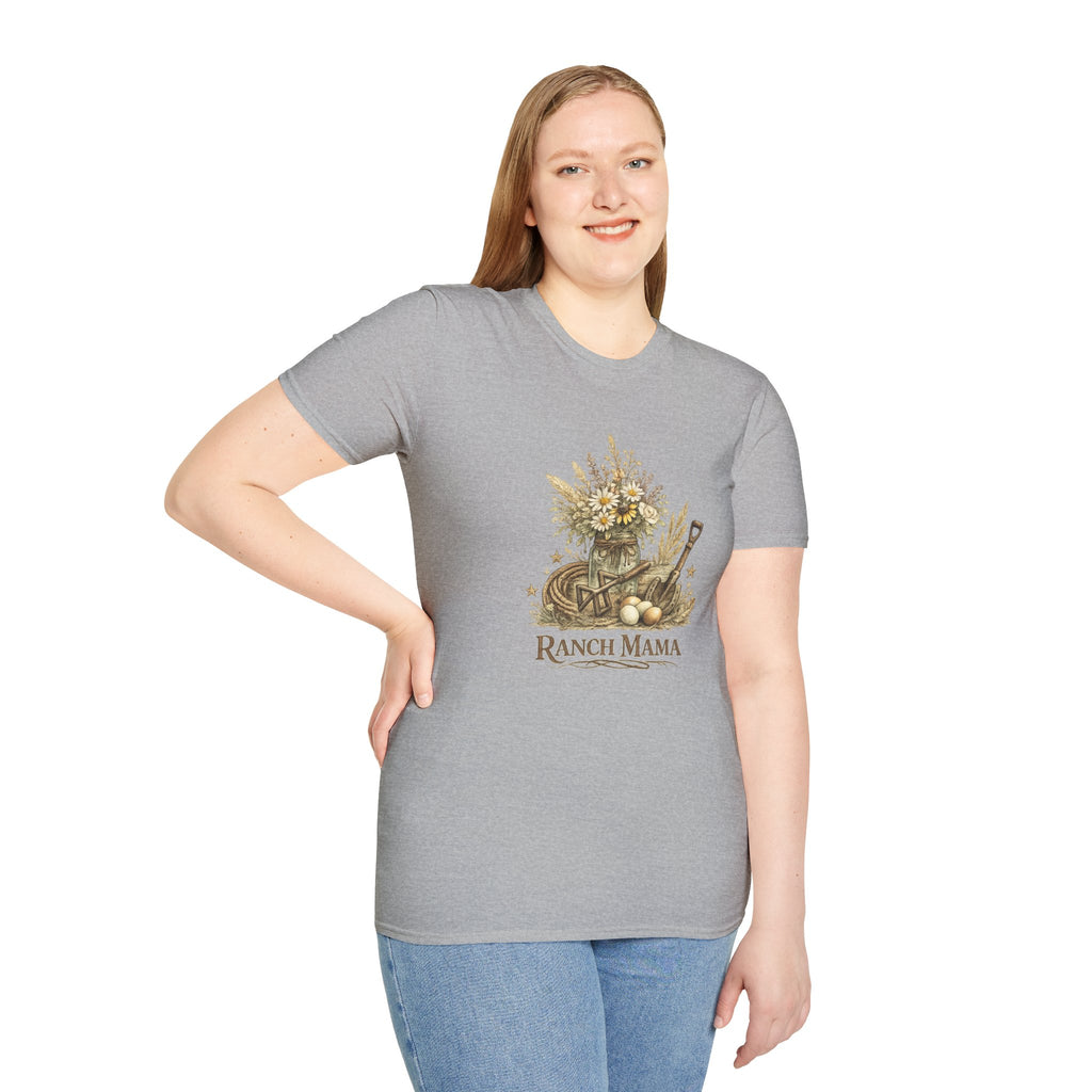 Ranch Mama Floral Bouquet T-Shirt | Rustic Wheelbarrow & Shovel