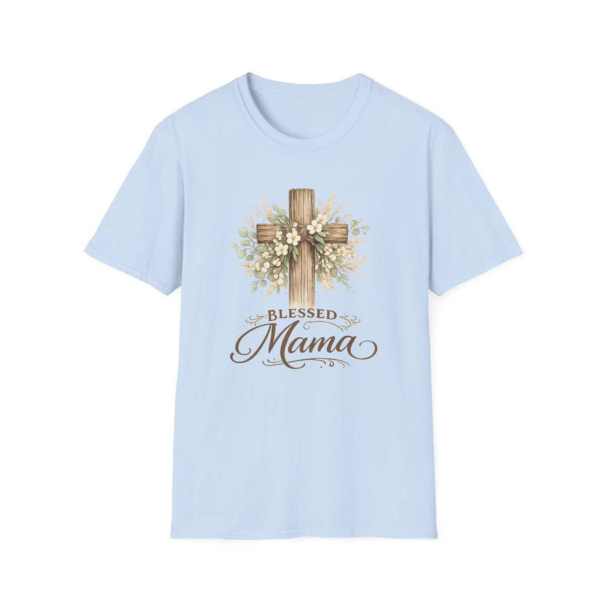 Blessed Mama wooden cross T-Shirt | floral cross mom tee