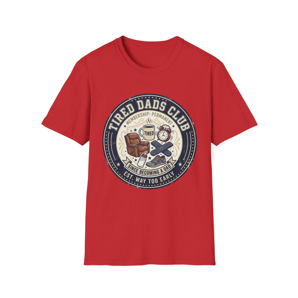 Tired Dads Club T-Shirt | Dad Life Vintage Badge, Coffee & Recliner Design