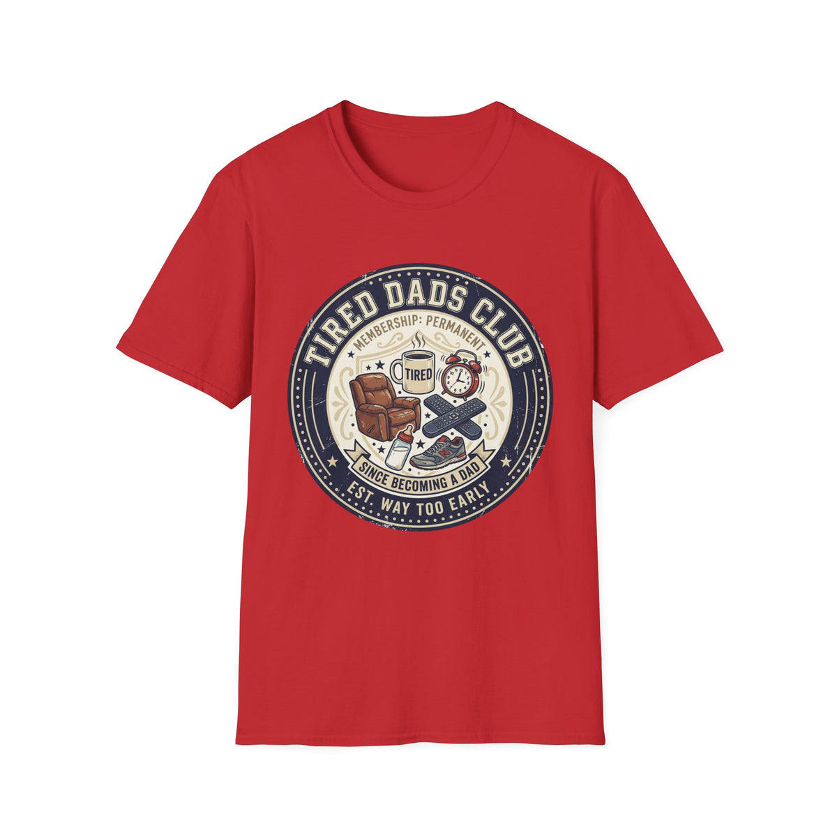 Tired Dads Club T-Shirt | Dad Life Vintage Badge, Coffee & Recliner Design