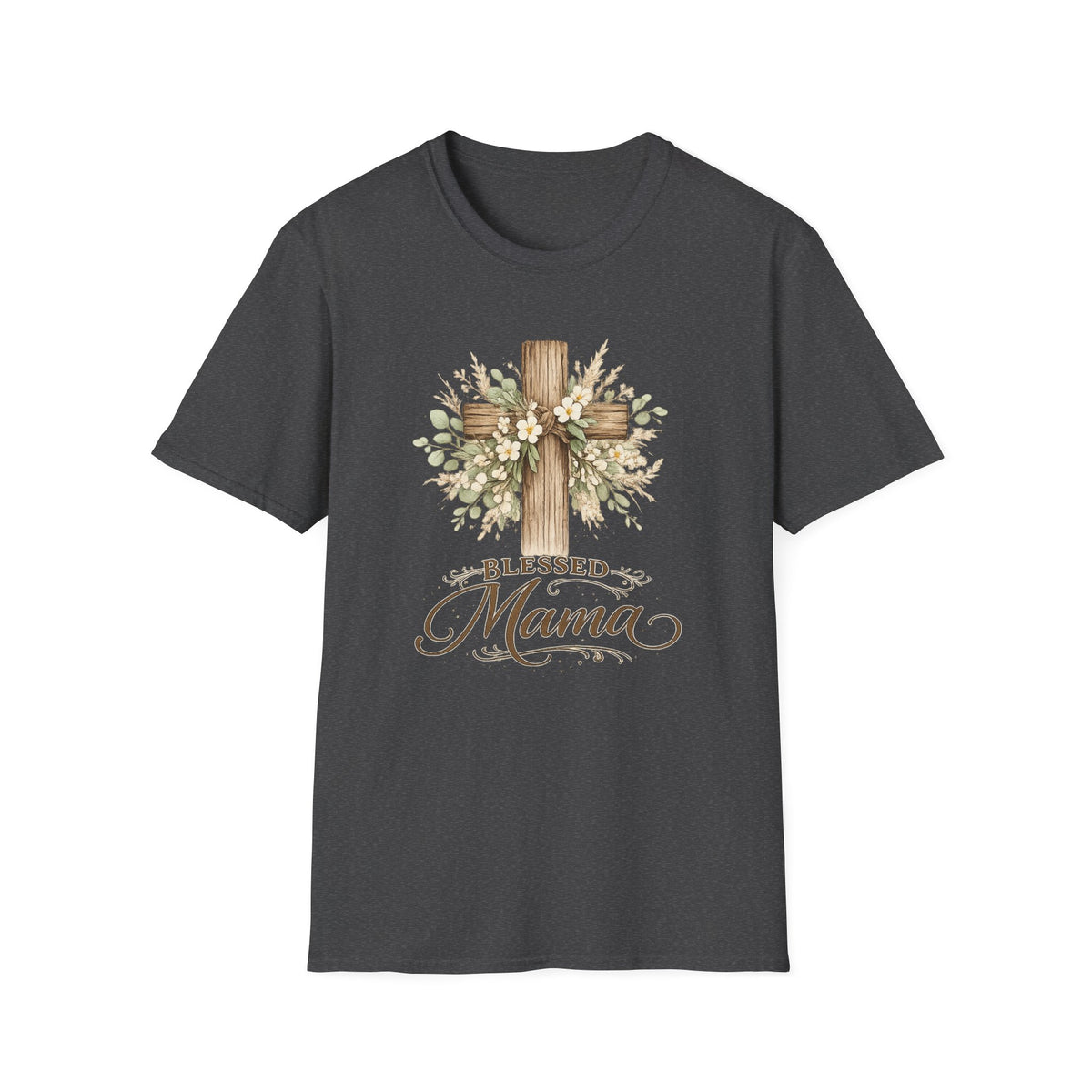 Blessed Mama wooden cross T-Shirt | floral cross mom tee