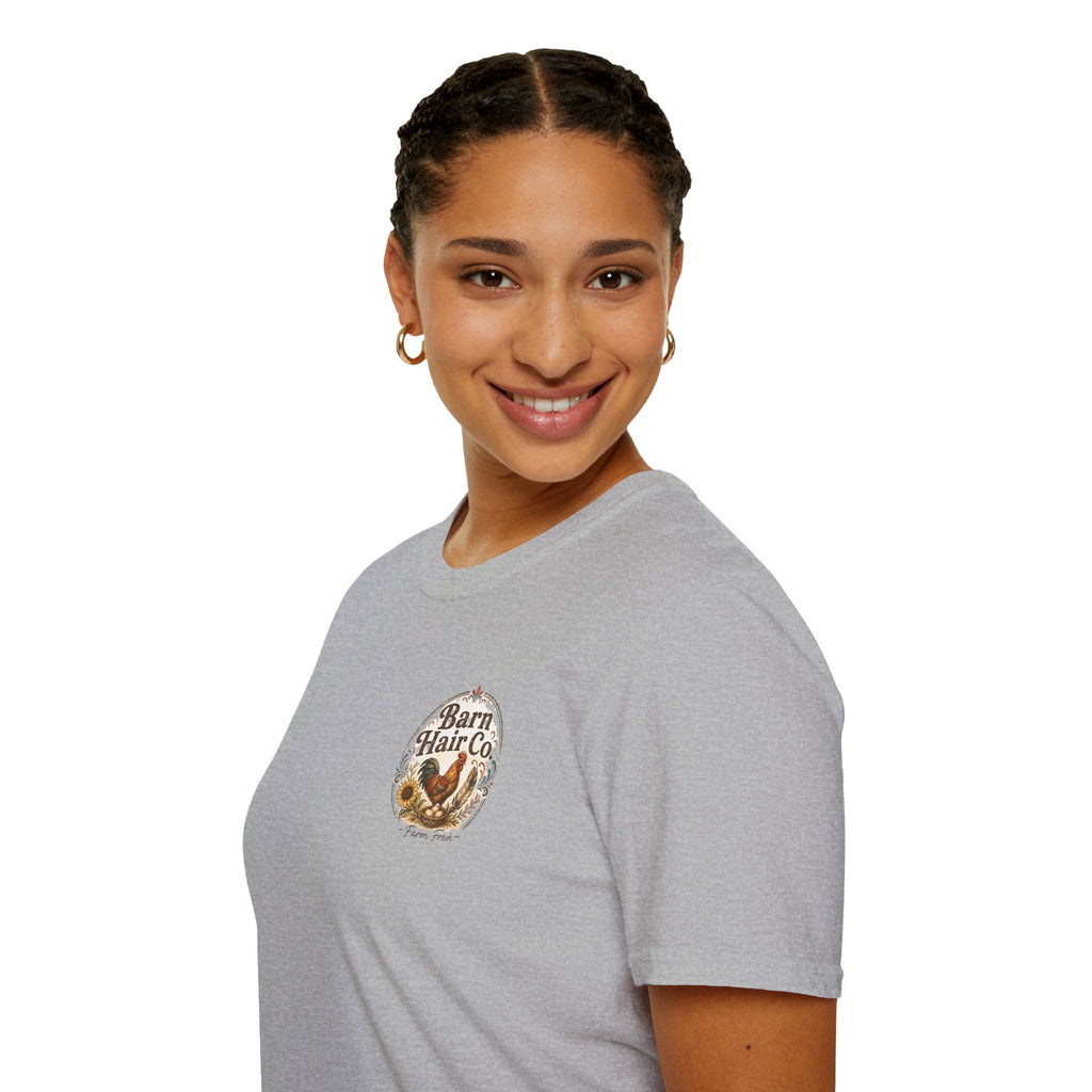 Barn Hair Co. rooster and sunflowers T-Shirt | Farm rustic logo tee