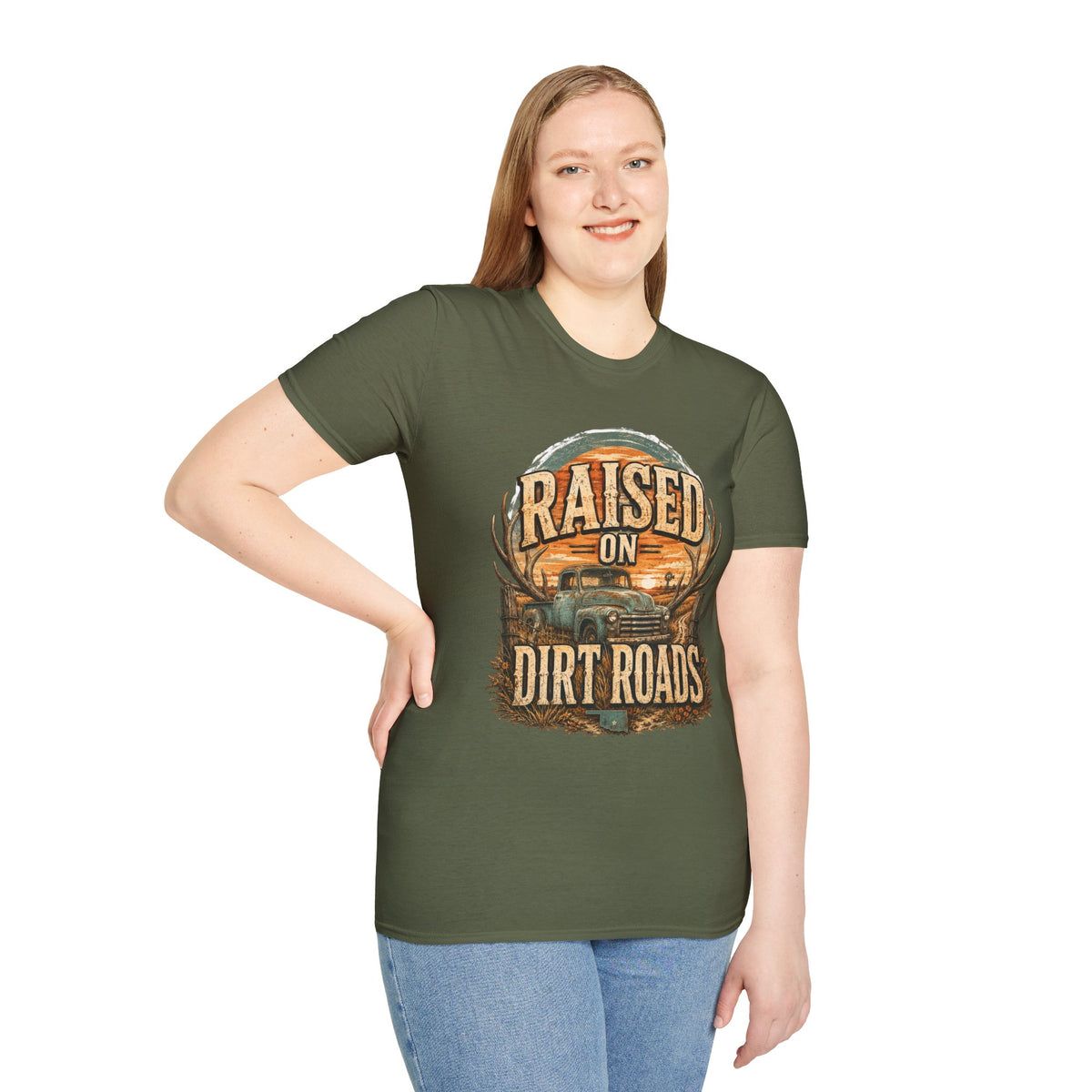 Raised on Dirt Roads T-Shirt | Truck, Antlers, Sunset Rustic Design