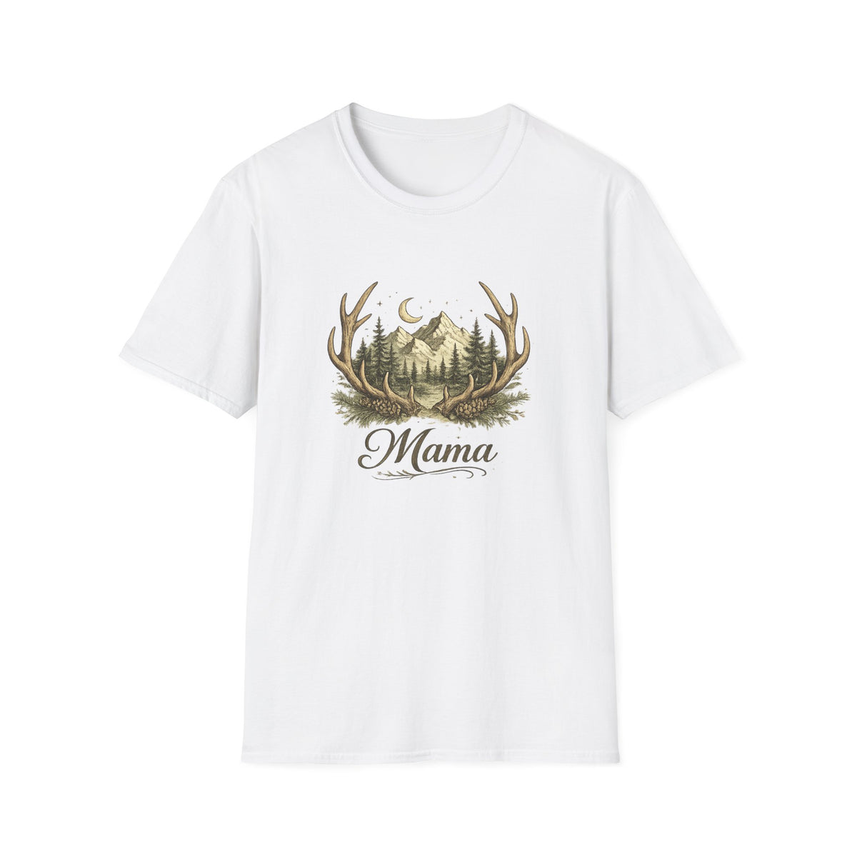 Mama Antler Mountain Forest T-Shirt | Moon, Pines, Rustic Nature