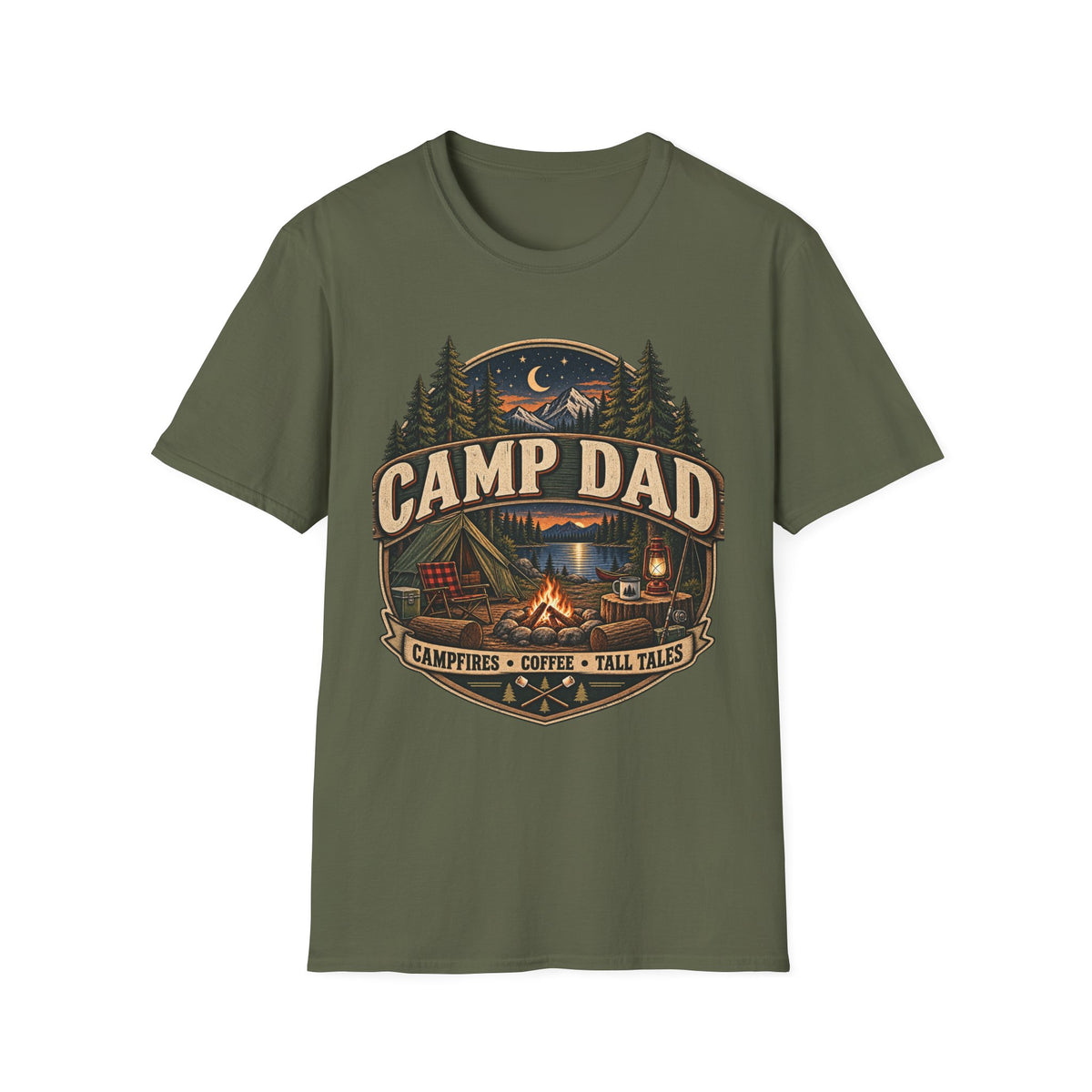 Camp Dad T-Shirt | Camping Cabin Moon Forest Design