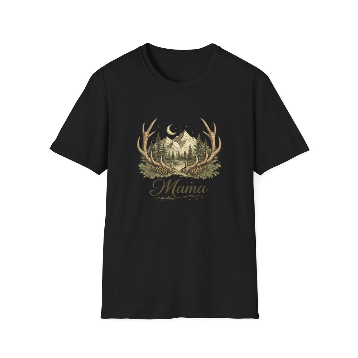 Mama Antler Mountain Forest T-Shirt | Moon, Pines, Rustic Nature