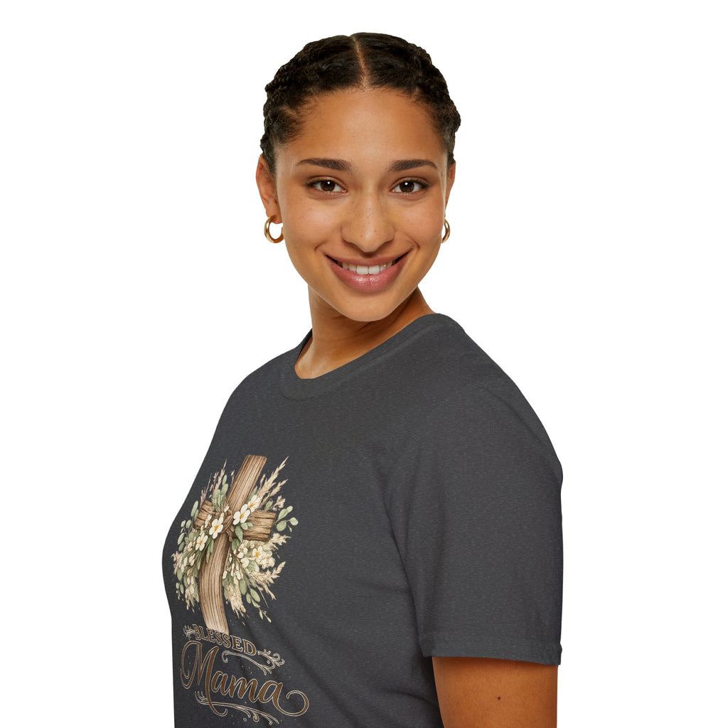 Blessed Mama wooden cross T-Shirt | floral cross mom tee