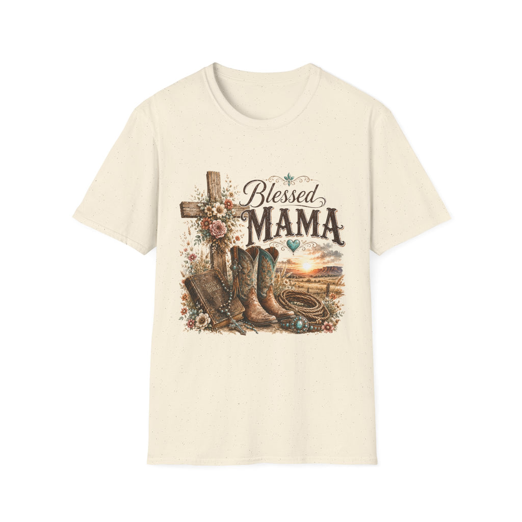 Blessed Mama cross, floral country boots T-Shirt | Rustic Christian mom shirt