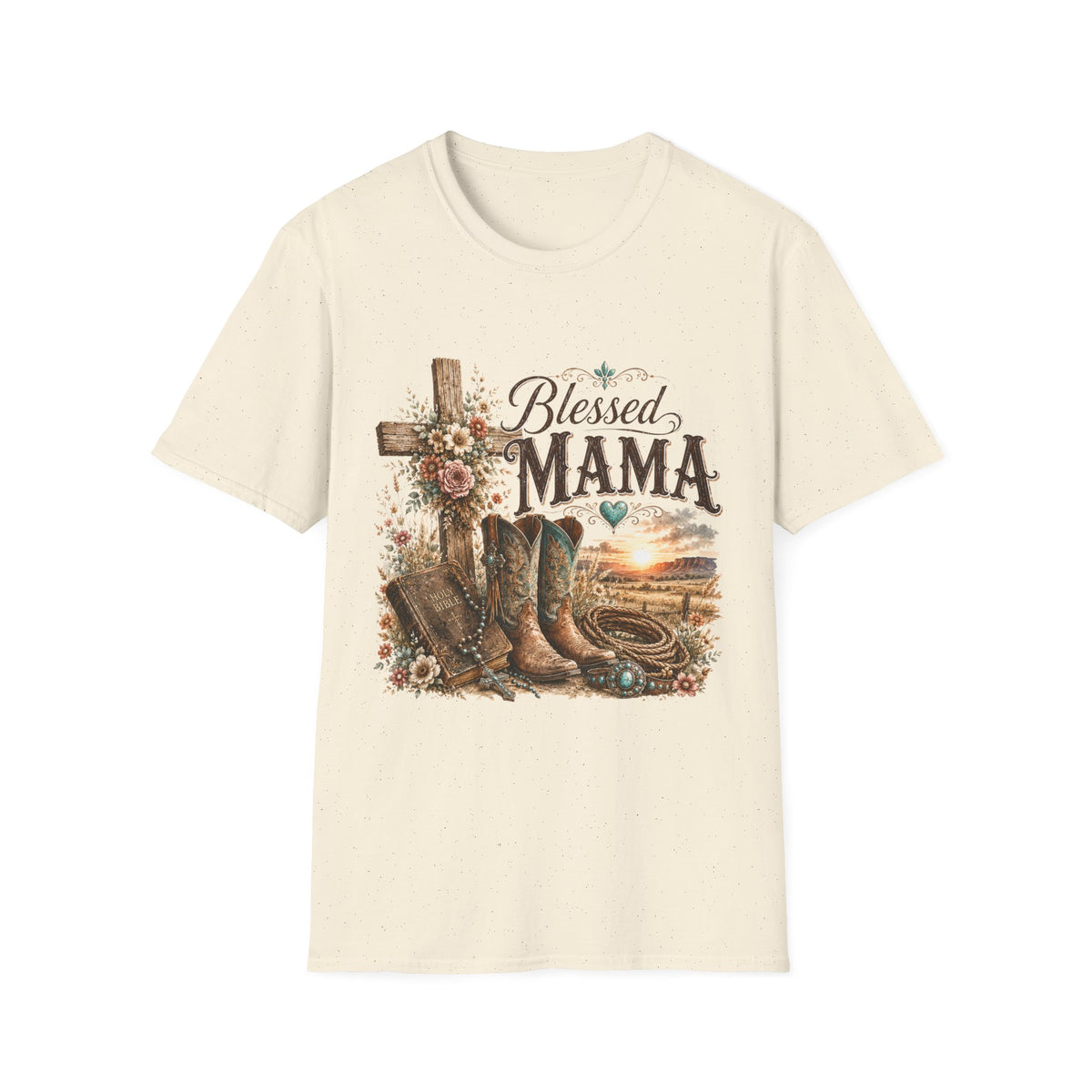 Blessed Mama cross, floral country boots T-Shirt | Rustic Christian mom shirt