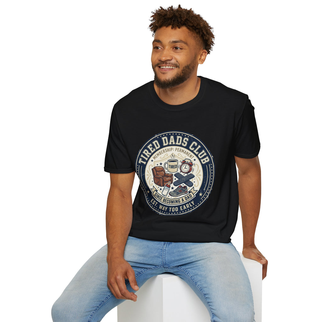 Tired Dads Club T-Shirt | Dad Life Vintage Badge, Coffee & Recliner Design