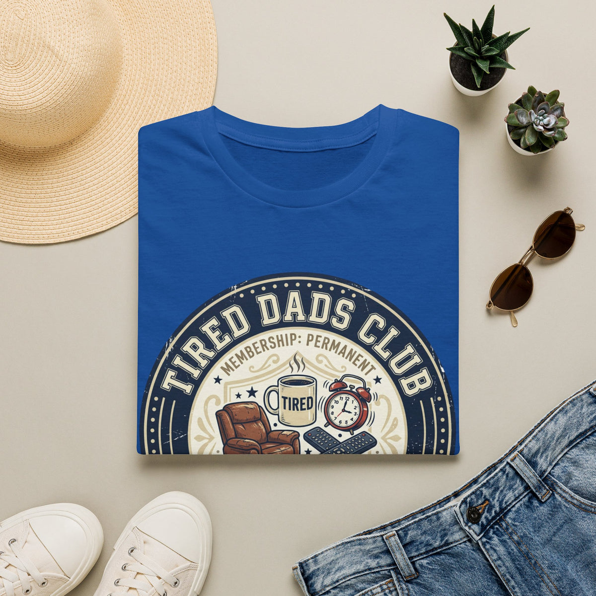 Tired Dads Club T-Shirt | Dad Life Vintage Badge, Coffee & Recliner Design