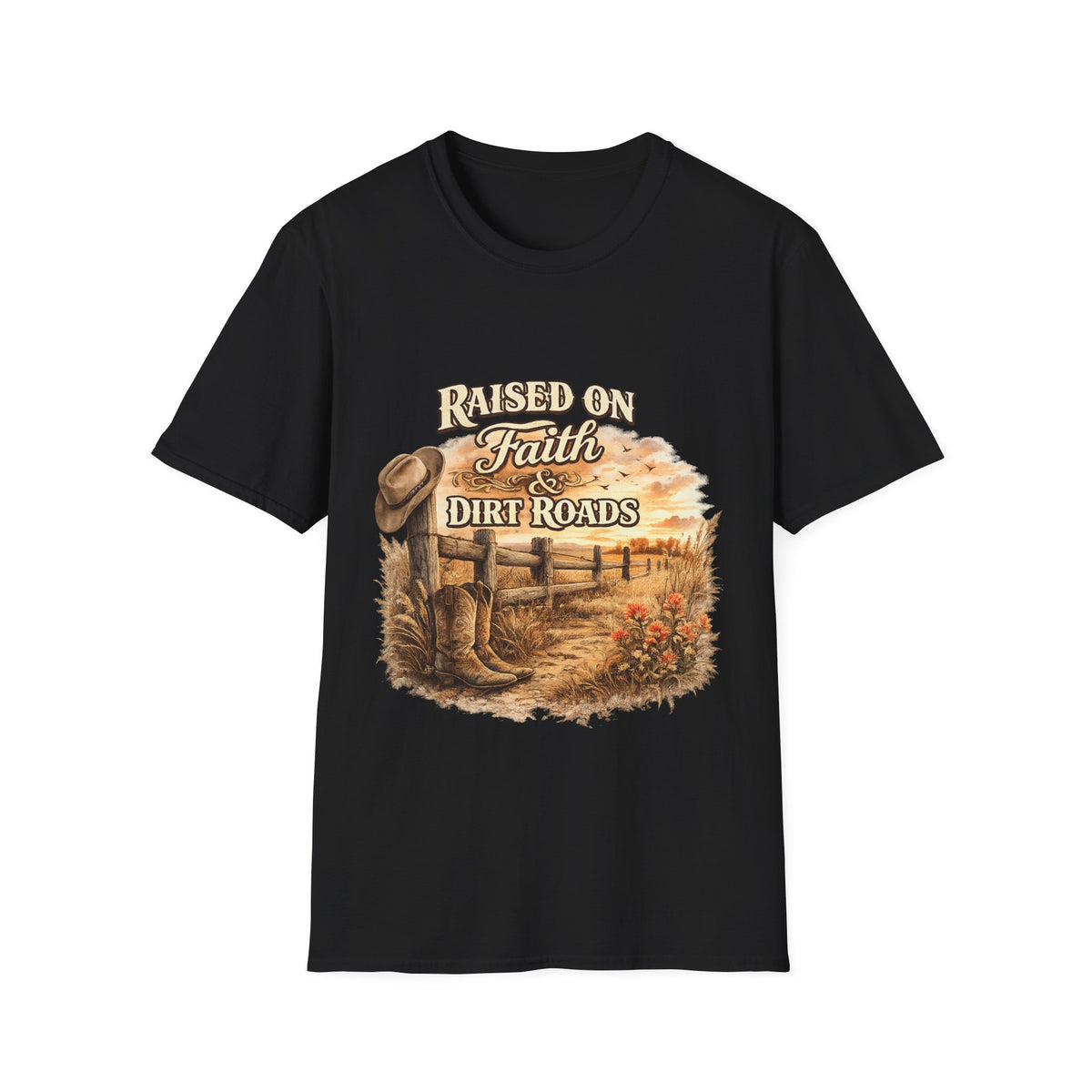 Raised on Faith & Dirt Roads T-Shirt | Country Farm Faith Graphic