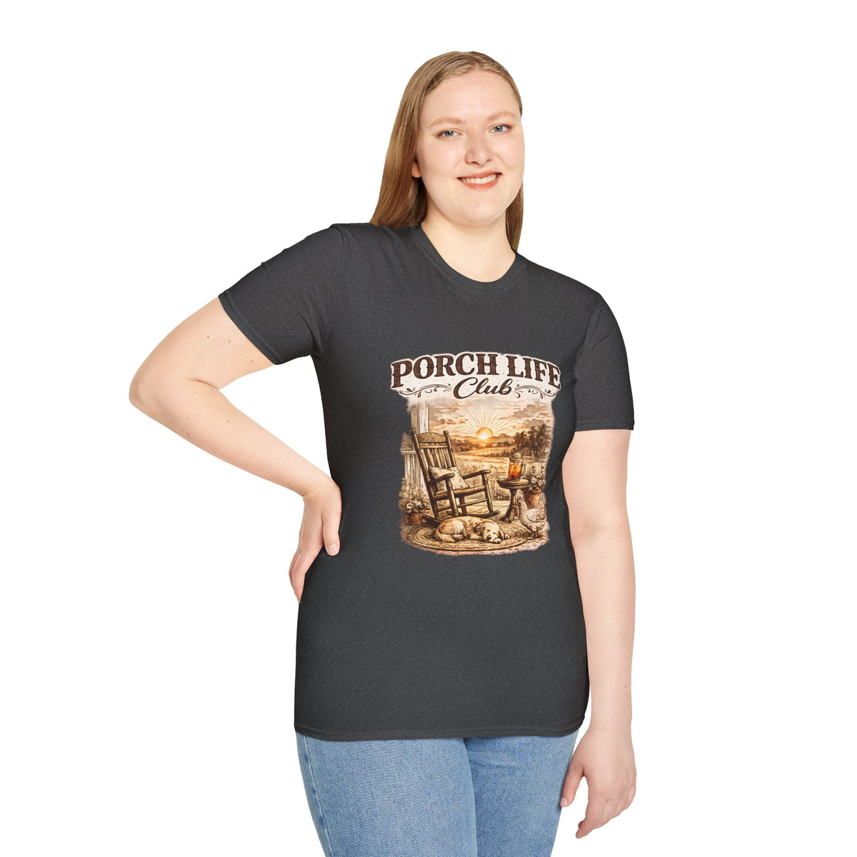 Porch Life Club T-Shirt | Rustic Sunset Rocking Chair Country Design
