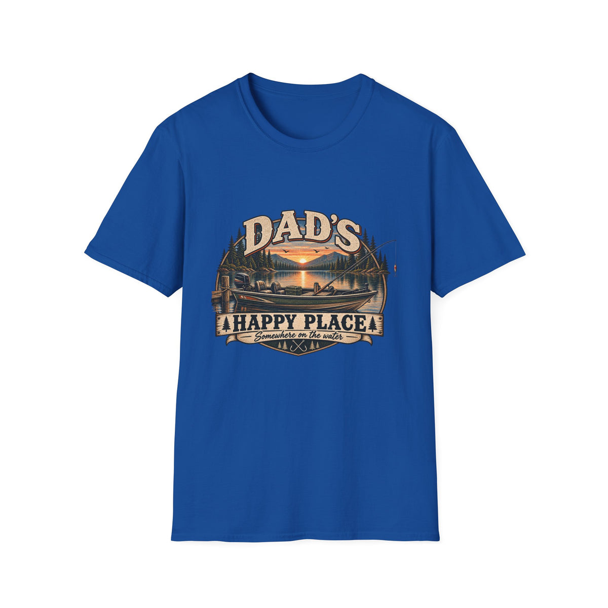 Dad's Happy Place T-Shirt | Lake Sunset Fishing Cabin Design