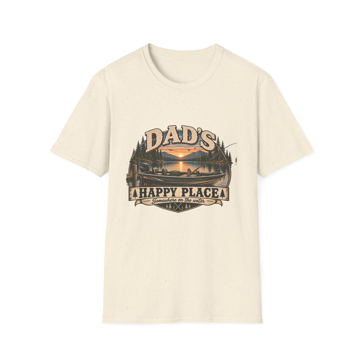 Dad's Happy Place T-Shirt | Lake Sunset Fishing Cabin Design