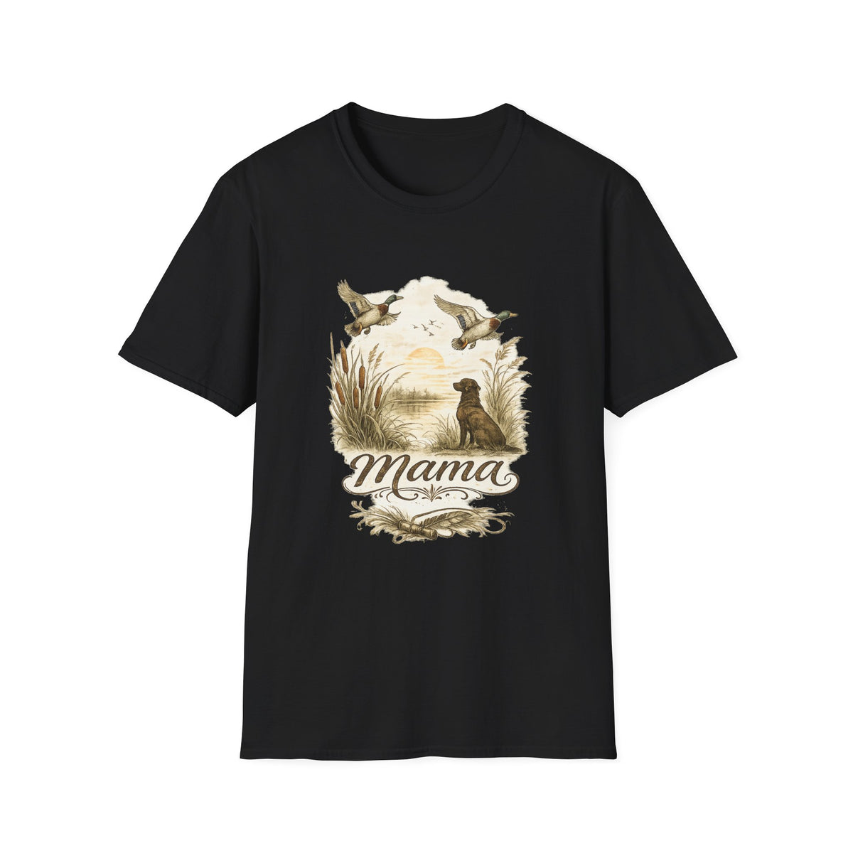 Duck Hunting Mama T-Shirt | Labrador Retriever, Flying Mallards, Rustic Outdoors