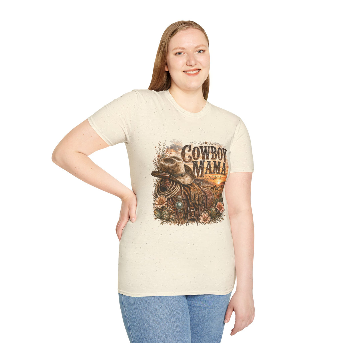 Cowboy Mama T-Shirt | Western Cowgirl Hat Horseshoe Sunset Design
