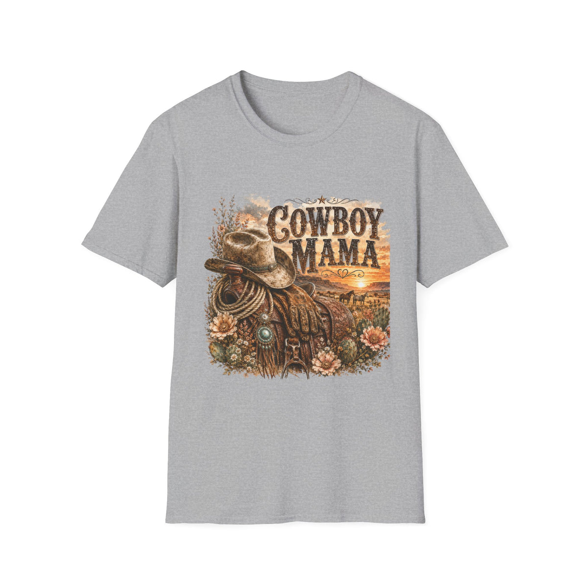 Cowboy Mama T-Shirt | Western Cowgirl Hat Horseshoe Sunset Design