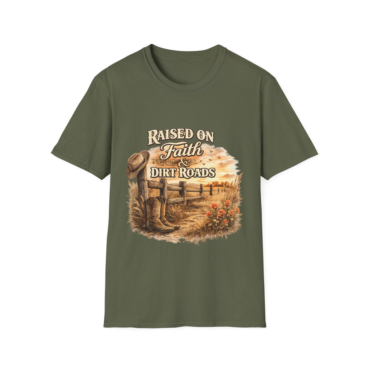 Raised on Faith & Dirt Roads T-Shirt | Country Farm Faith Graphic
