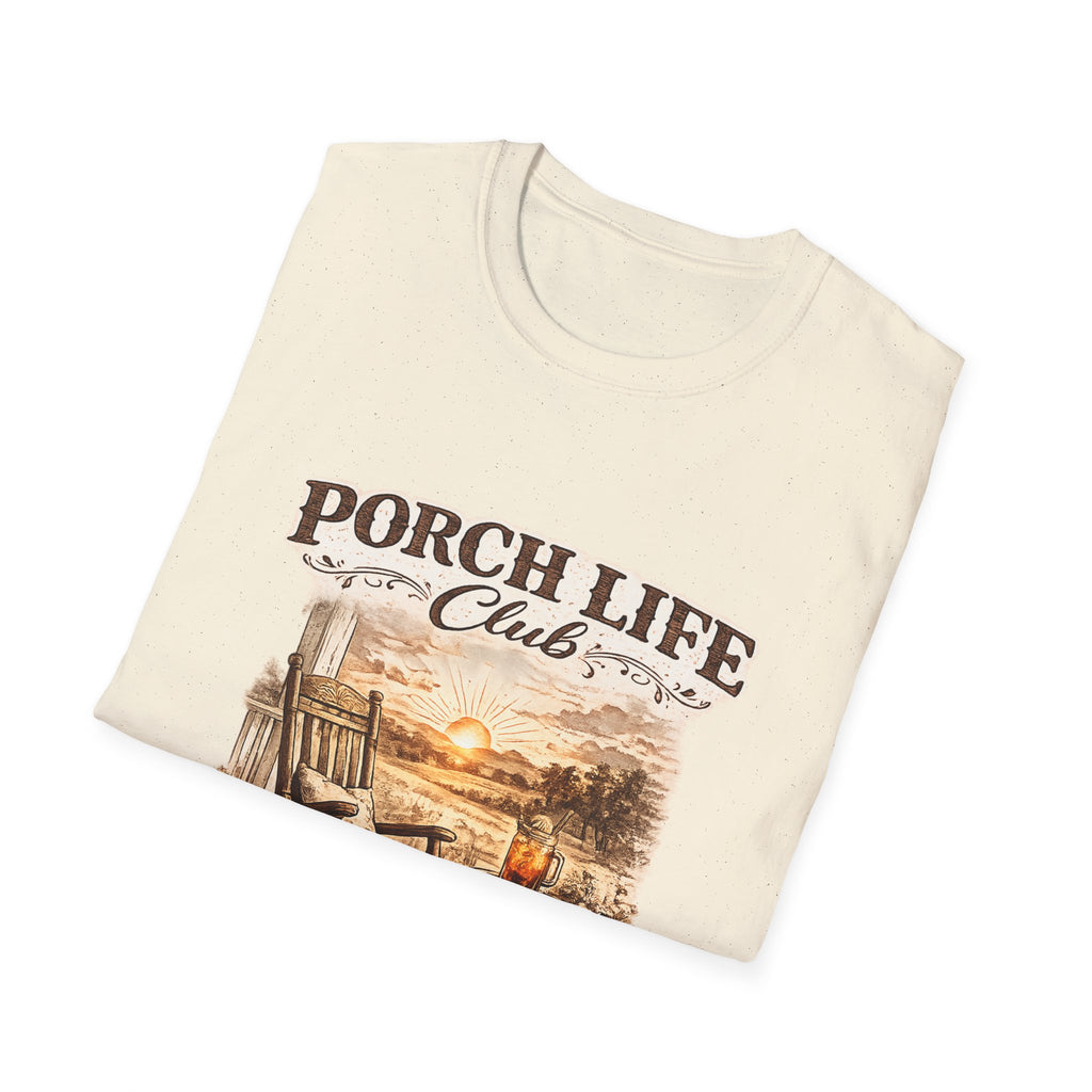 Porch Life Club T-Shirt | Rustic Sunset Rocking Chair Country Design