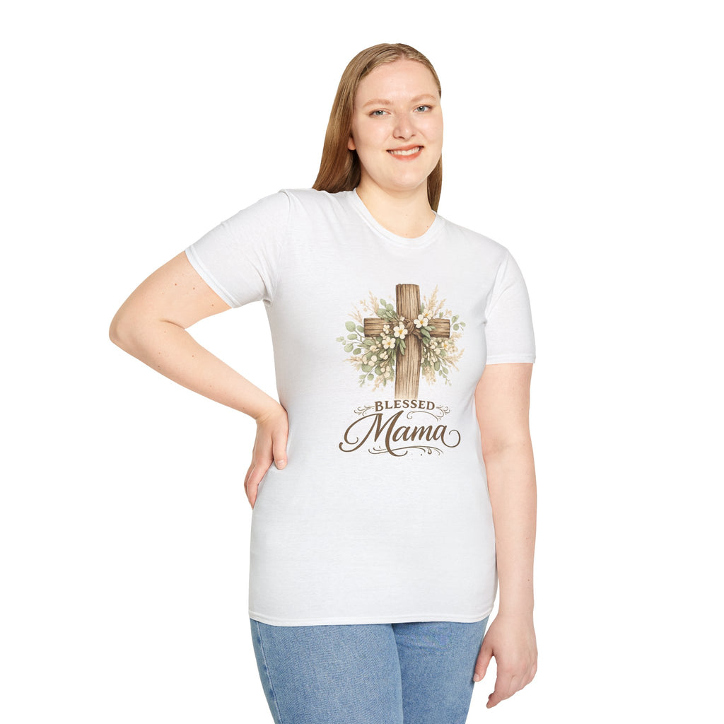 Blessed Mama wooden cross T-Shirt | floral cross mom tee