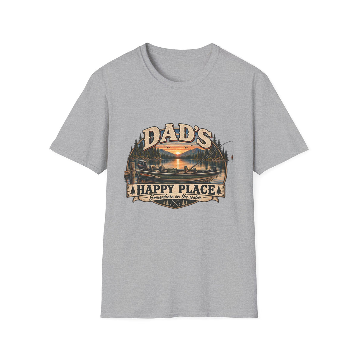 Dad's Happy Place T-Shirt | Lake Sunset Fishing Cabin Design