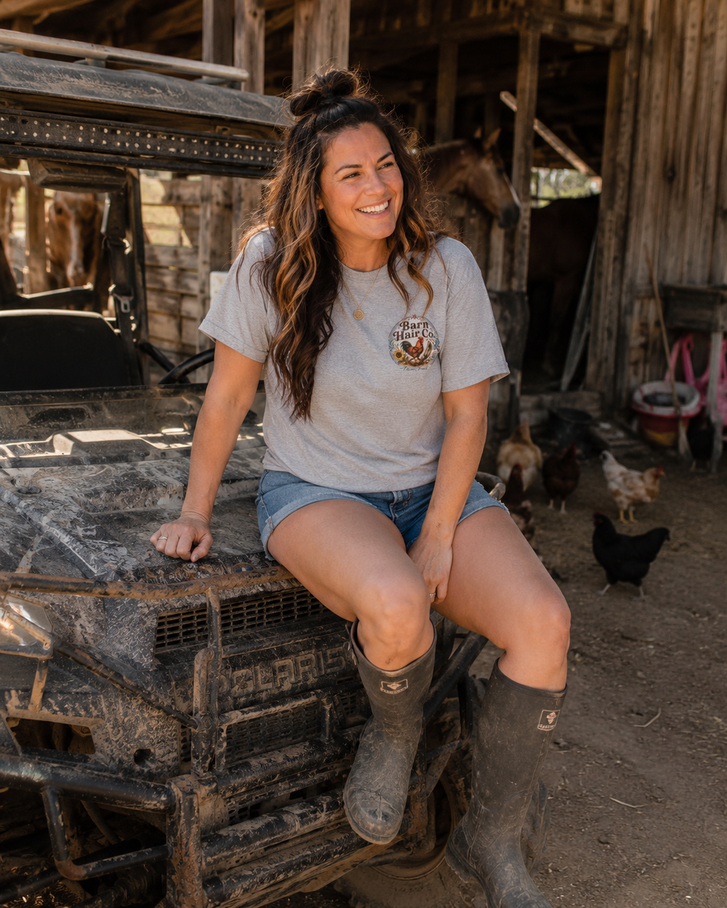 Barn Hair Co. rooster and sunflowers T-Shirt | Farm rustic logo tee