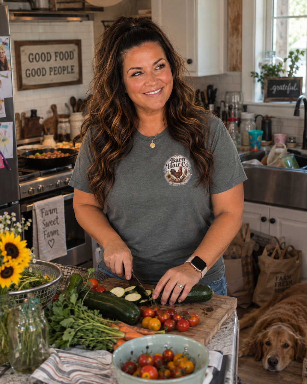 Barn Hair Co. rooster and sunflowers T-Shirt | Farm rustic logo tee