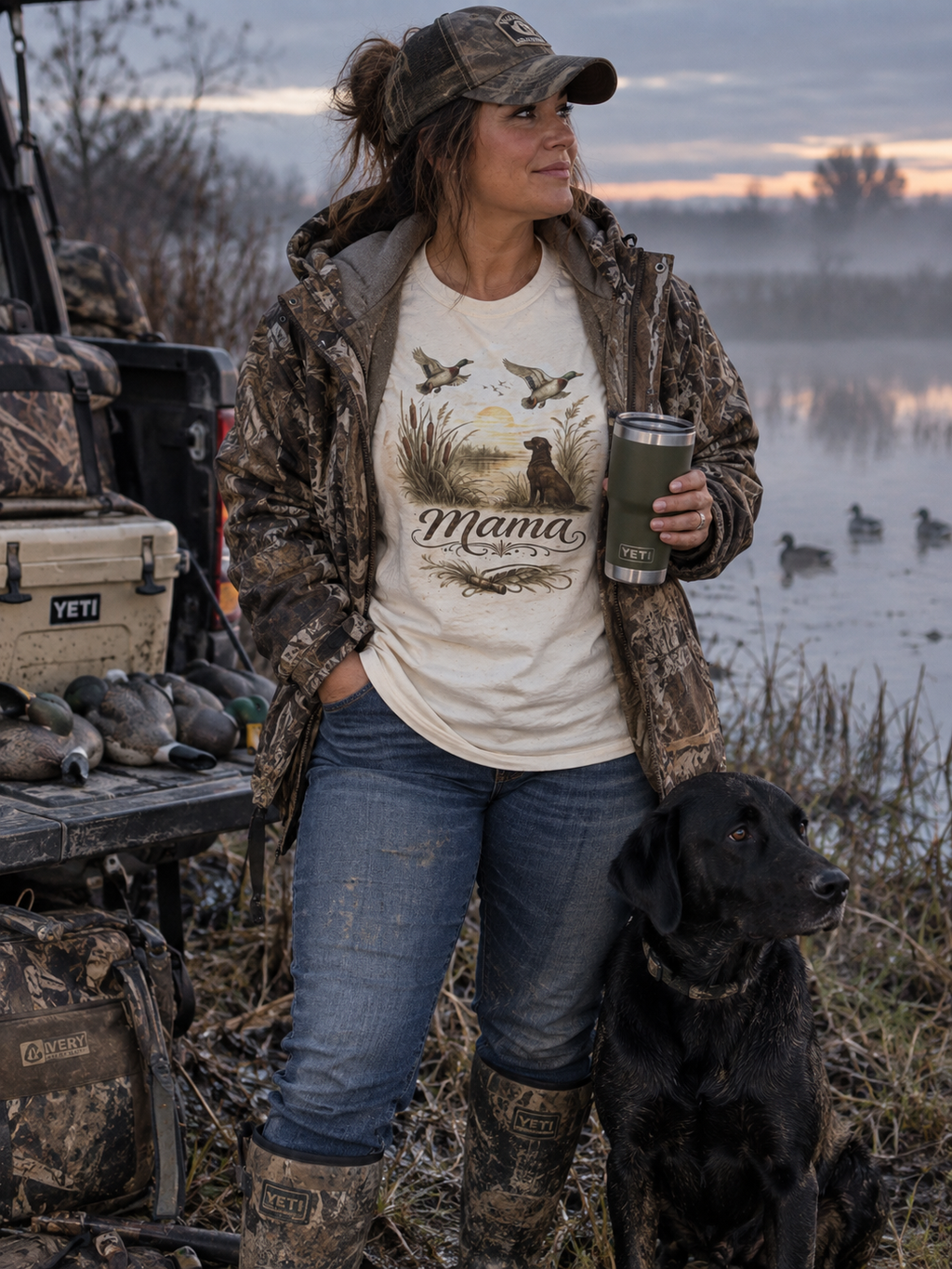 Duck Hunting Mama T-Shirt | Labrador Retriever, Flying Mallards, Rustic Outdoors