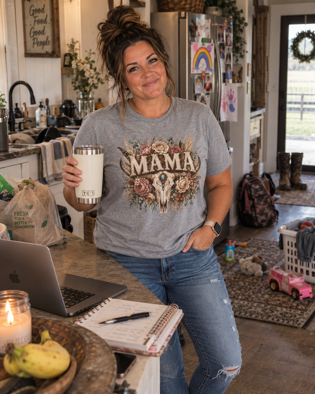 Mama floral cow skull T-Shirt | Boho country mom tee