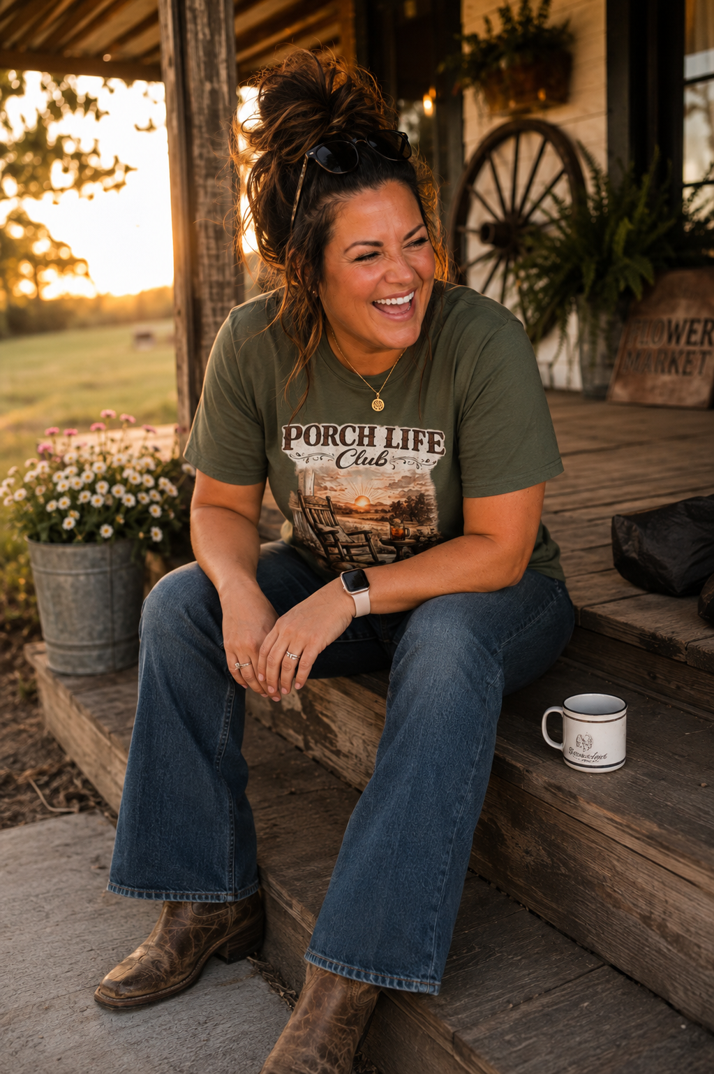 Porch Life Club T-Shirt | Rustic Sunset Rocking Chair Country Design