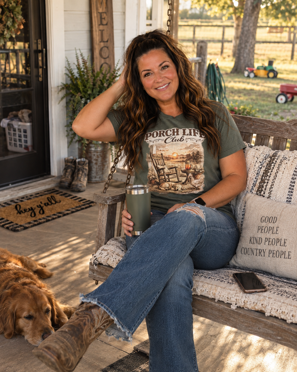 Porch Life Club T-Shirt | Rustic Sunset Rocking Chair Country Design