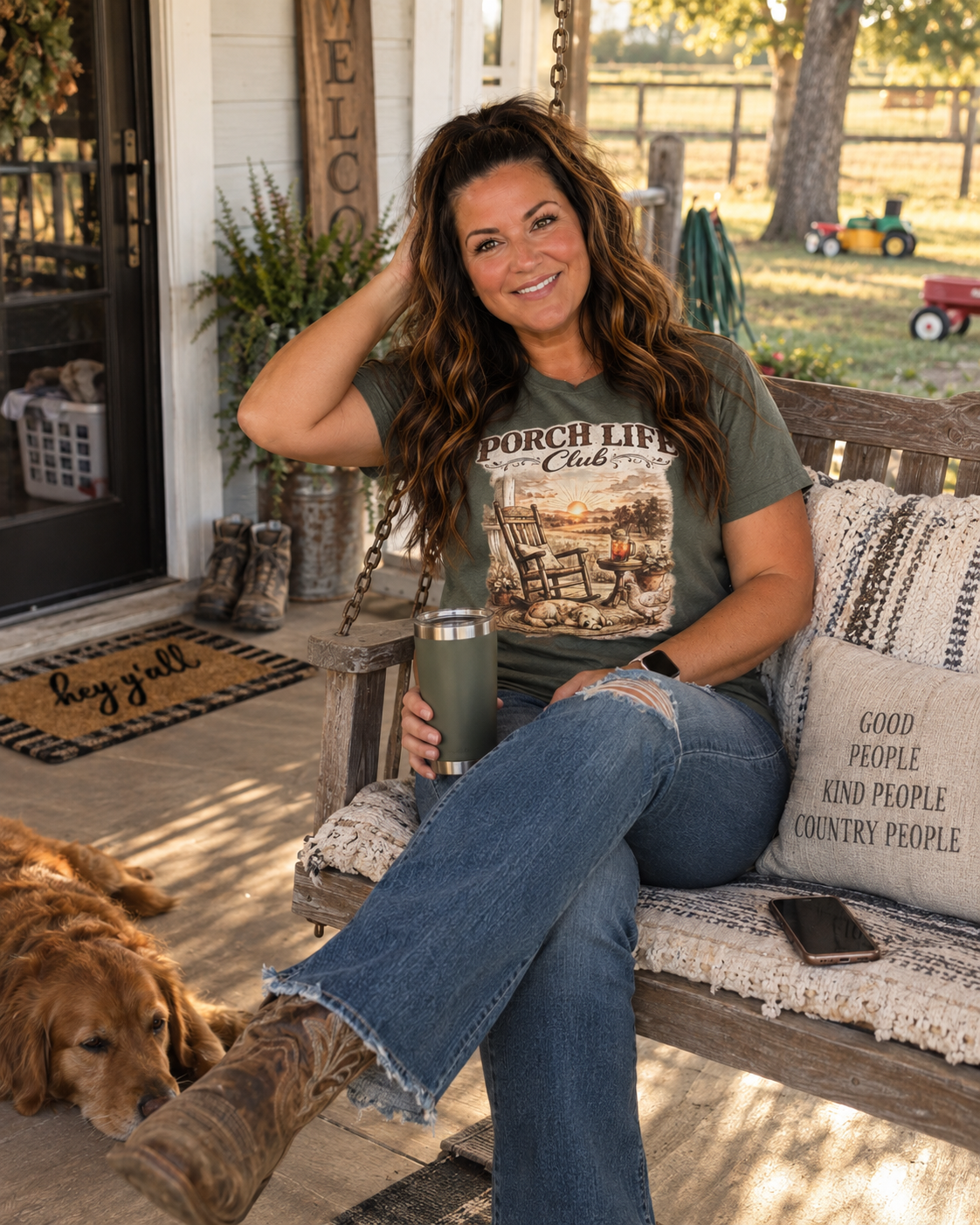 Porch Life Club T-Shirt | Rustic Sunset Rocking Chair Country Design