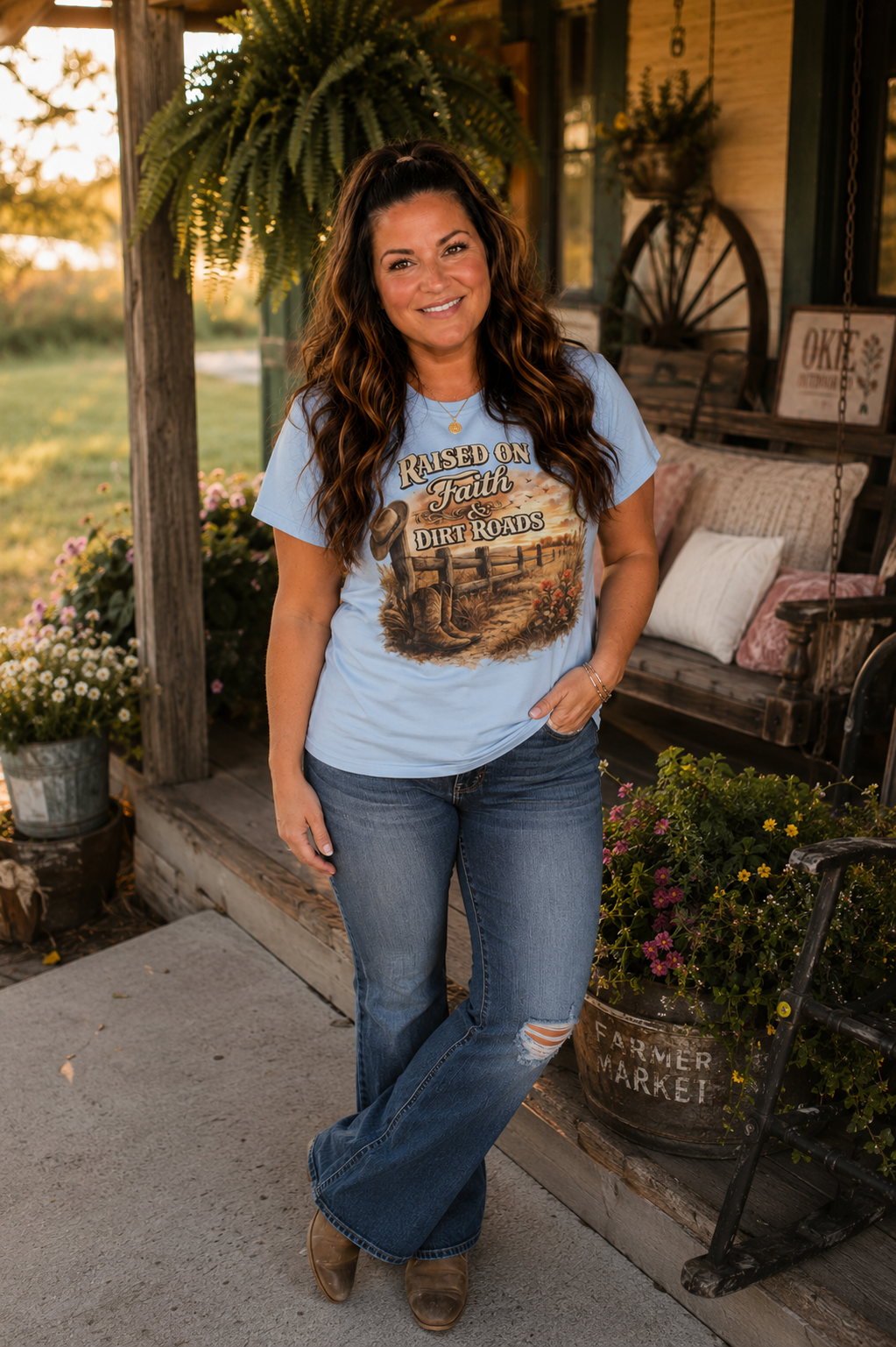 Raised on Faith & Dirt Roads T-Shirt | Country Farm Faith Graphic