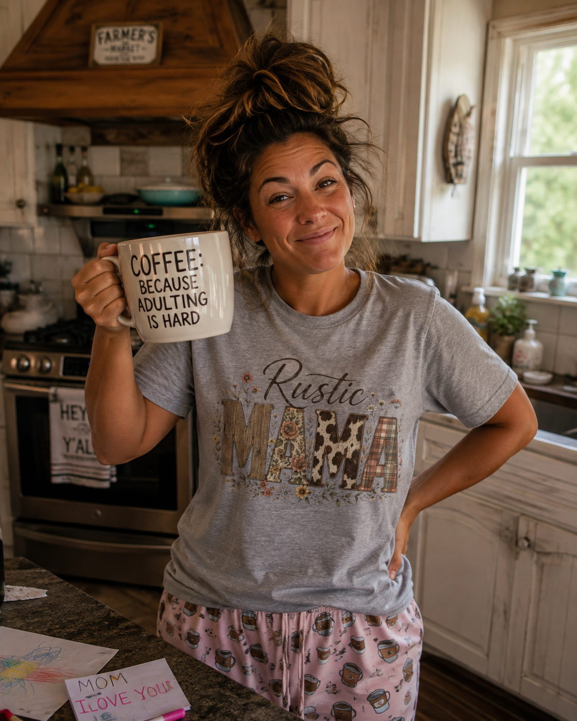 Rustic MAMA T-Shirt | Floral Cowhide Plaid Farmhouse Design