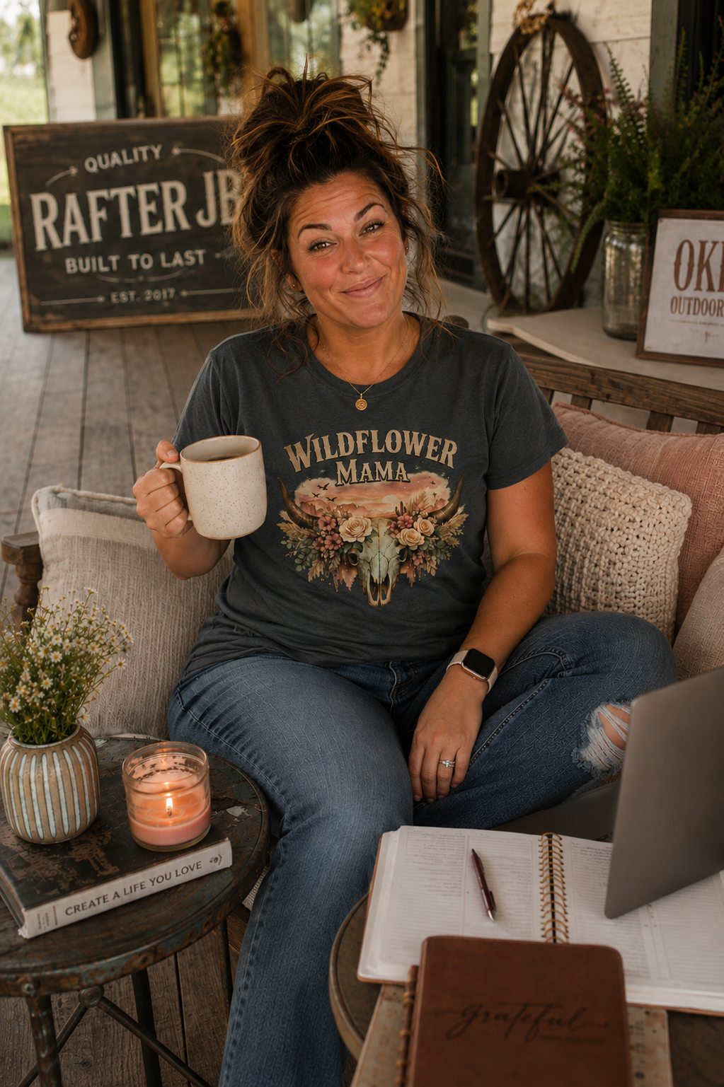 Wildflower Mama T-Shirt | Floral Cow Skull Design